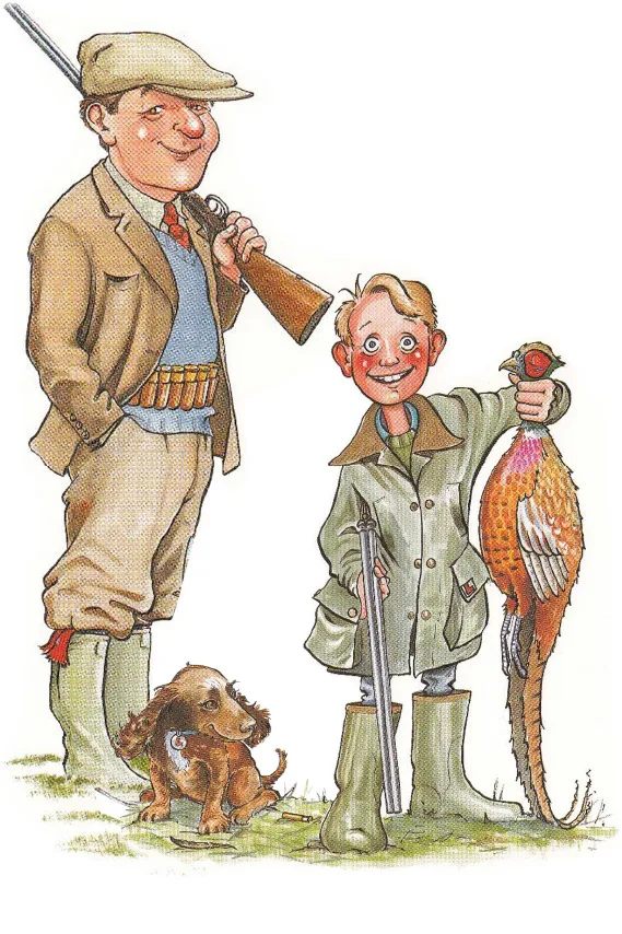 Illustratie van een vader en zoon met jachtgeweer, hond en fazant